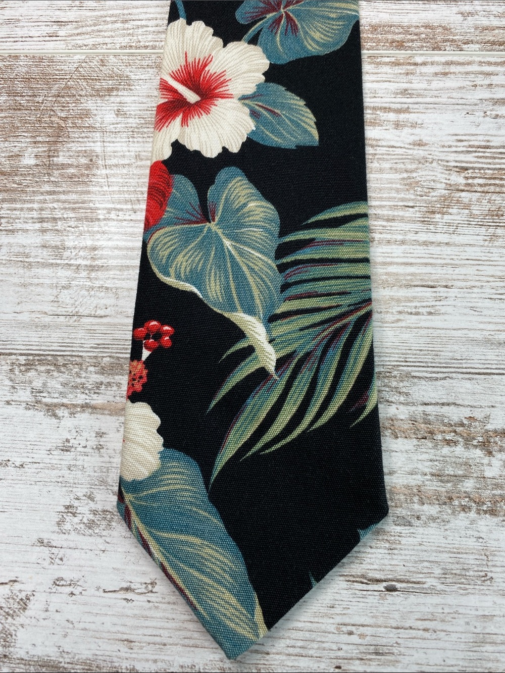 Hawaiian Floral Tie Made In Hawaii Black Tropical Hibiscus Mens 58” 3.75”